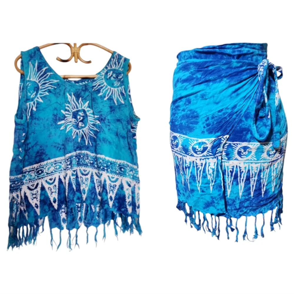 Vintage Celestial Blue Tie Dye Crop Top & Wrap Skirt Set Boho Festival - Picture 2 of 7